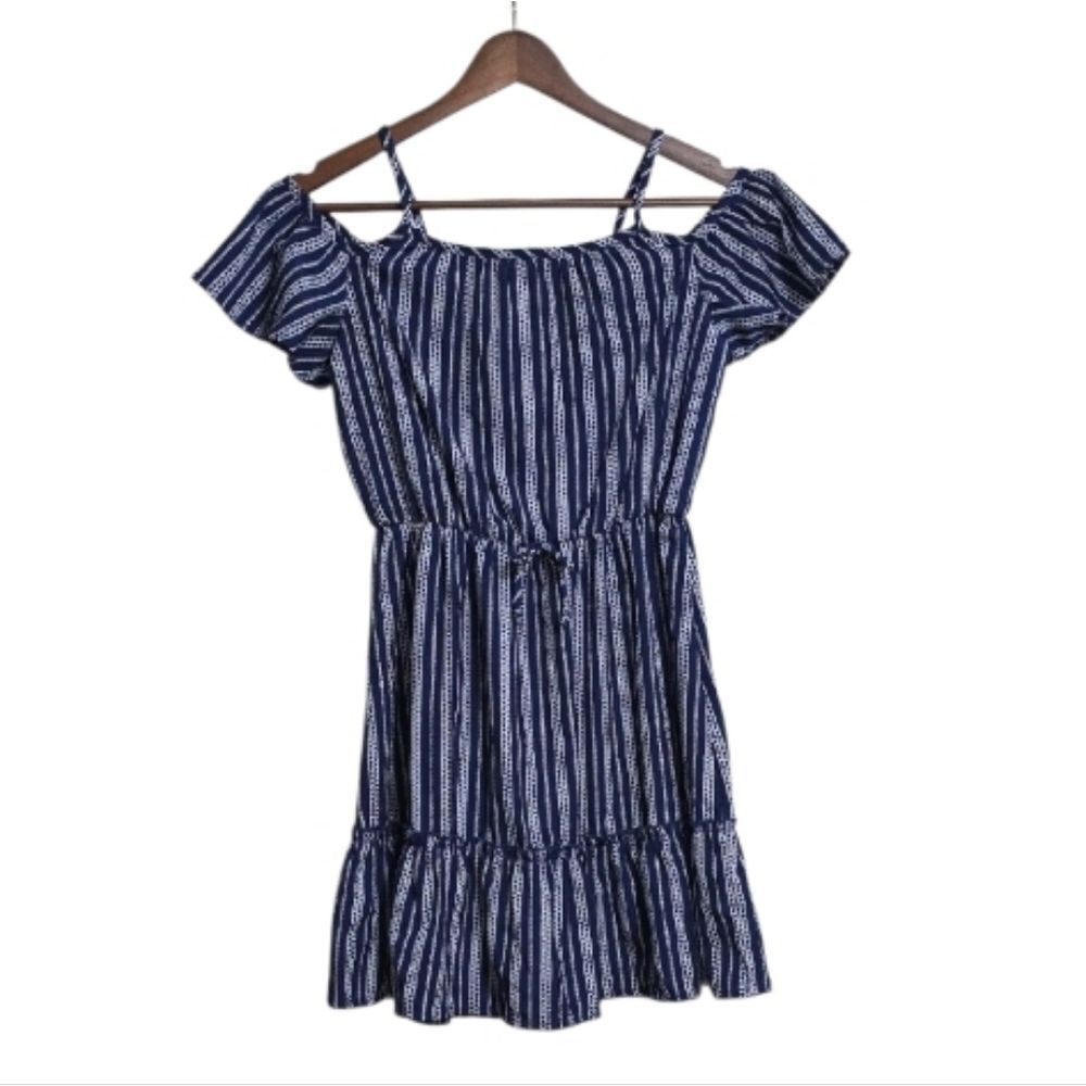 Jenna & Jessie Blue and White Striped Off-Shoulder Girls Dress